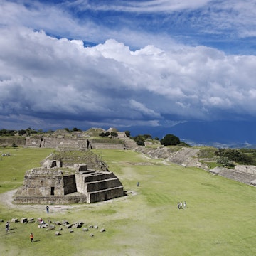 Overview of Monte Alban archaeological site on mountain-top above Oaxaca City.