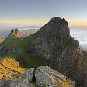 Panoramic view of mountain peak at dawn in the Drakensberg, Free State Province, South Africa