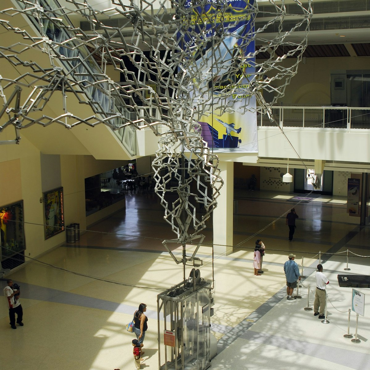 Overhead of 'Hypar' kinetic sculpture in California Science Center, Exposition Park.