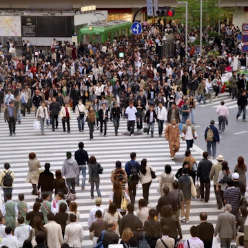 People at busy intersection, Hachiko exit, Shibuya Station.