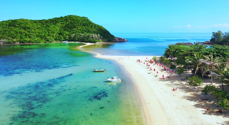 1257895879
Aerial view of tropical island of koh pha ngan in Thailand on sunny day - stock photo