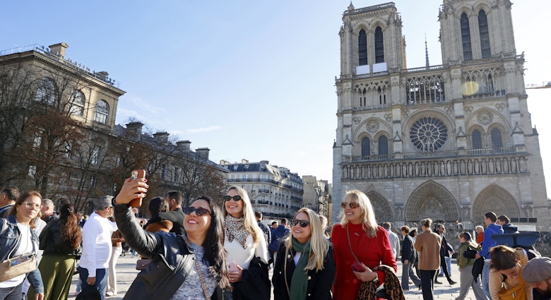 PARIS, FRANCE - OCTOBER 25: Tourists take a selfie with Notre-Dame de Paris Cathedral a few weeks before its reopening to the public scheduled for December 7, 2024 on October 25, 2024 in Paris, France. French ministers have floated the idea of â€‹â€‹charging tourists to enter the world-famous Notre Dame Cathedral in Paris when it opens on December 7 after five years of restoration. "All over Europe, people have to pay to enter the most remarkable religious buildings". French Culture Minister Rachida Dati told Le Figaro newspaper in an interview published Wednesday night. She said she had proposed "a symbolic tax for all tourist visits to Notre Dame, with the money going entirely towards a major plan to conserve religious heritage." (Photo by Chesnot/Getty Images)
PARIS, FRANCE - OCTOBER 25: Tourists take a selfie with Notre-Dame de Paris Cathedral a few weeks before its reopening to the public scheduled for December 7, 2024 on October 25, 2024 in Paris, France. French ministers have floated the idea of ​​charging tourists to enter the world-famous Notre Dame Cathedral in Paris when it opens on December 7 after five years of restoration. "All over Europe, people have to pay to enter the most remarkable religious buildings". French Culture Minister Rachida Dati told Le Figaro newspaper in an interview published Wednesday night. She said she had proposed "a symbolic tax for all tourist visits to Notre Dame, with the money going entirely towards a major plan to conserve religious heritage." (Photo by Chesnot/Getty Images)
2180989666
bestof, topix