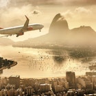 A plane turns towards Rio de Janeiro with the golden hour landscape of Guanabara Bay and Sugarloaf Mountain in the background