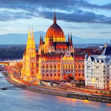 Hungarian Parliament Building at night.