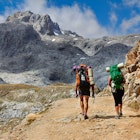 High mountains trekking two people Picos de Europa, Cantabria, Spain.
