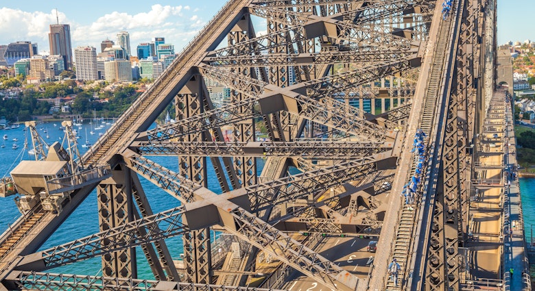 Sydney, Australia - December 29, 2014: Harbour Bridge, one of most  photographed landmarks. It's the worlds largest steel arch bridge with the top of the bridge standing 134 meters above harbor
300902612
funny, skyscraper, sightseeing, australia, pylons, travel, climbing, buildings, tourists, landmark, attraction, south, scenic, holiday, sydney, bridge, construction, sport, landscape, wales, cityscape, harbour