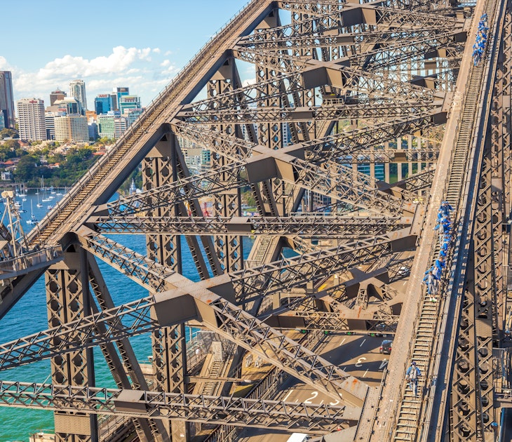 Sydney, Australia - December 29, 2014: Harbour Bridge, one of most  photographed landmarks. It's the worlds largest steel arch bridge with the top of the bridge standing 134 meters above harbor
300902612
funny, skyscraper, sightseeing, australia, pylons, travel, climbing, buildings, tourists, landmark, attraction, south, scenic, holiday, sydney, bridge, construction, sport, landscape, wales, cityscape, harbour