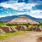 Pyramids of the Sun and Moon on the Avenue of the Dead, Teotihuacan ancient historic cultural city, old ruins of Aztec civilization, Mexico, North America.