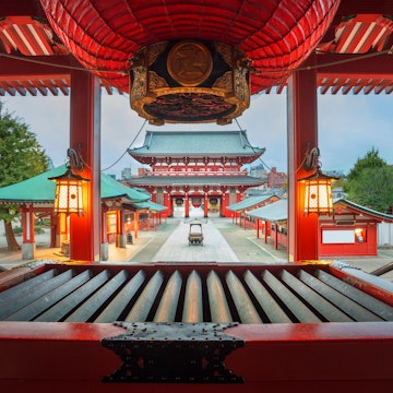 Sensoji Temple at dusk in Asakusa district.