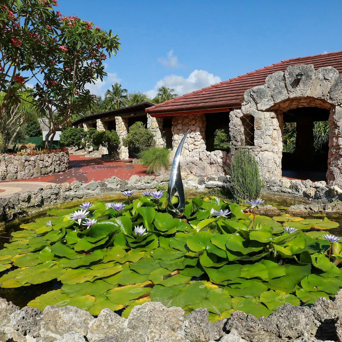 PINECREST, FLORIDA, USA: Water lily garden at Pinecrest Gardens a lush exotic botanical garden as seen on May 23, 2021.